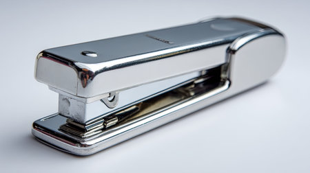 This image showcases a shiny silver stapler resting on a white background, ideal for representing office supplies, tools, and stationery needs in various contexts.の素材