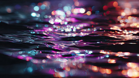 This image captures a stunning play of light and color on a water surface, showcasing vibrant reflections and bokeh effects in a dark ambiance.の素材