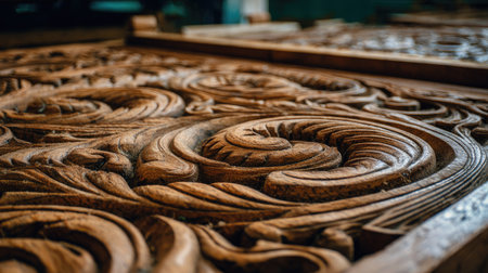 Discover the beauty of detailed wooden carvings showcasing intricate swirl patterns. This close-up perspective highlights the craftsmanship and natural grain, adding a touch of elegance to any space.の素材