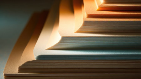 A visually captivating arrangement of colorful paper sheets stacked in layers, illuminated by soft lighting that highlights their textures and details.の素材