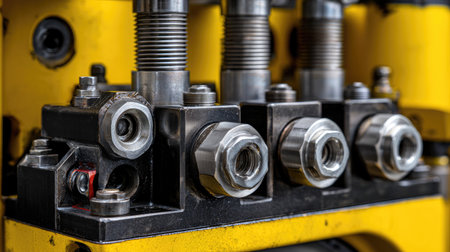 Explore the intricate details of an industrial hydraulic component showcasing metal fittings and robust engineering against a vibrant yellow backdrop.の素材