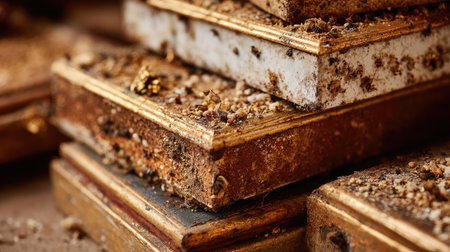 A stack of weathered antique books covered in elements of dust and dirt, resting on a rustic wooden surface, evoking a sense of history and nostalgia.の素材