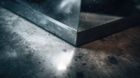 A stunning close-up of a reflective surface capturing fine dust particles against a textured concrete floor, showcasing a minimalist aesthetic with light and shadow dynamics.の素材
