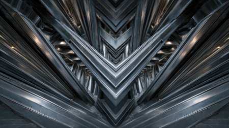 This abstract image showcases intricate steel beams and geometric patterns in a modern industrial setting, emphasizing symmetry and depth.の素材