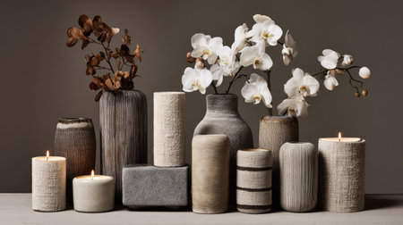 This image showcases an elegant display of minimalist vases filled with white orchids and lit candles, creating a serene and inviting atmosphere.の素材