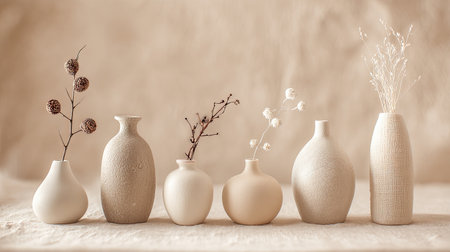 A stunning display of minimalist vases featuring dried flowers set against a soft, neutral background, perfect for inspiring home decor and enhancing interior aesthetics.の素材