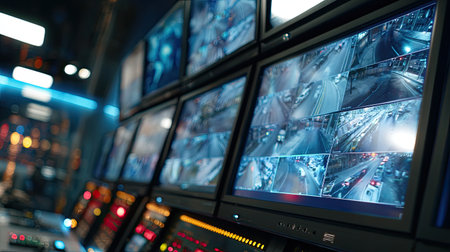 A modern control room equipped with multiple surveillance monitors showcases nighttime urban activity. The scene emphasizes high-tech security measures.の素材