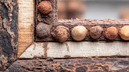 A detailed close-up of a rustic wooden frame highlighting unique textures and decorative elements that illustrate the natural aging process and craftsmanship.の素材