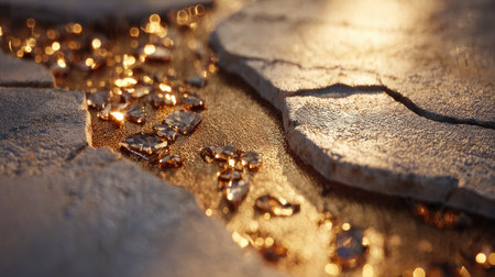 A stunning close-up of a golden river flowing through cracked earth, illuminated by warm sunlight at dusk, creating a serene and captivating landscape.の素材
