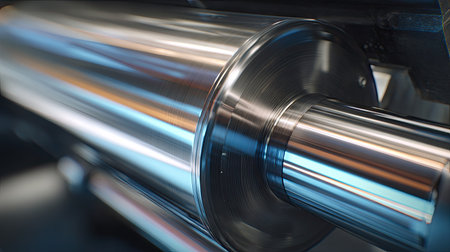 Detailed close-up image of a shiny metal roller showcasing intricate surface textures in an industrial manufacturing context, focusing on precision and technology.の素材