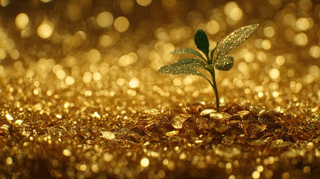 A vibrant green plant emerges from a heap of shimmering gold coins, symbolizing growth and prosperity. The sparkling backdrop enhances the theme of wealth and success.の素材