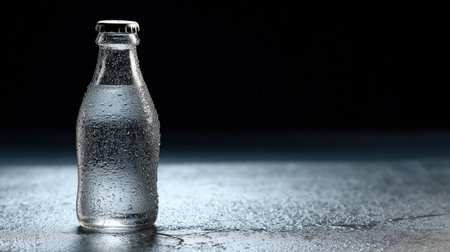 This image features a clear glass bottle filled with water, highlighted by condensation droplets. The dramatic lighting and dark background create a striking visual that evokes freshness and purity, ideal for creative projects.の素材