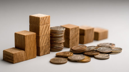 A visually striking arrangement of wooden blocks and various coins symbolizes financial growth and investment strategies, perfect for illustrating economic concepts.の素材