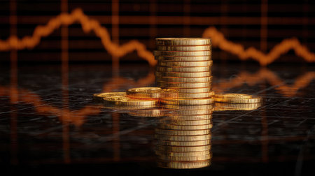 A visually striking image of stacked gold coins on a glossy surface, reflecting a financial chart that indicates market growth and investment potential.の素材