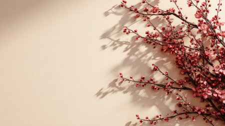 A serene and elegant image featuring a cherry blossom branch with delicate pink flowers casting soft shadows on a minimalistic neutral background. Perfect for spring-themed projects or floral decor.の素材