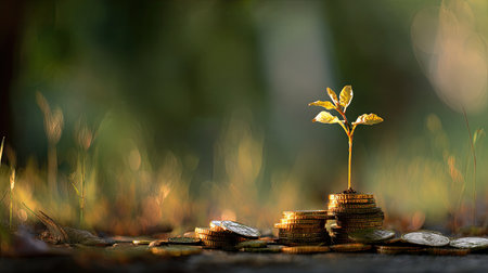 A delicate green plant emerges from a stack of coins, illustrating the concept of financial growth intertwined with nature and sustainability.の素材