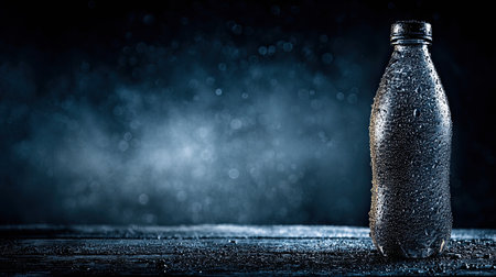 This striking image captures a water bottle with droplets resting on its surface, set against a dark and moody background that enhances its refreshing appeal.の素材