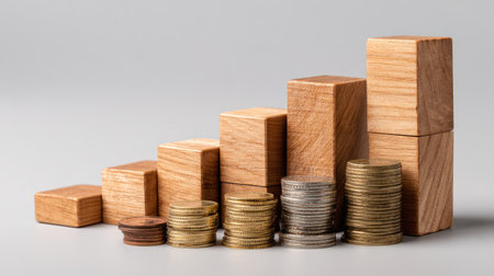 A creative arrangement of wooden blocks and coins showcases a visual representation of financial growth and investment strategies in the business world.の素材