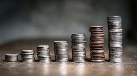A visually compelling image of stacks of coins, illustrating a gradual increase in wealth. This image serves as a strong representation of financial growth and investment strategies.の素材