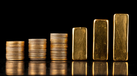 A striking image of stacked coins and gold bars showcases the concept of wealth accumulation, financial growth, and investment strategy in a dynamic economy.の素材