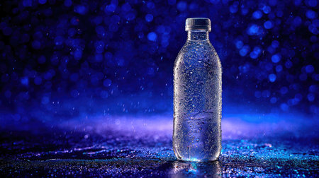 This image features a clear water bottle adorned with shimmering droplets, set against a dark background illuminated by soft blue bokeh lights, symbolizing purity and refreshment.の素材
