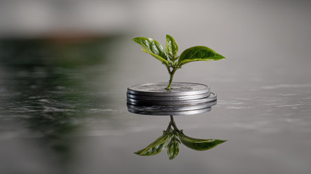 A single green leaf sprout emerges from a stack of coins, symbolizing the potential for financial growth, sustainability, and the synergy between nature and investment.の素材