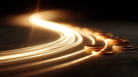 This captivating image features a dynamic stream of light flowing alongside scattered coins on a dark surface, symbolizing financial concepts and investment.の素材