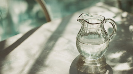 A beautiful glass pitcher filled with clear water sits elegantly on a sunlit table, casting soft shadows. The serene background enhances the tranquil atmosphere, perfect for various themes.の素材
