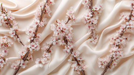 A stunning display of delicate cherry blossom branches arranged on soft satin fabric, creating an elegant and tranquil atmosphere perfect for spring-themed designs.の素材