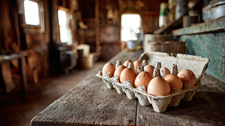 A serene image showcasing fresh brown eggs placed in an egg carton on a weathered wooden table in a rustic farmhouse. The natural light enhances the homely atmosphere, highlighting the simplicity and beauty of country life. Perfect for culinary and agricultural themes.の素材