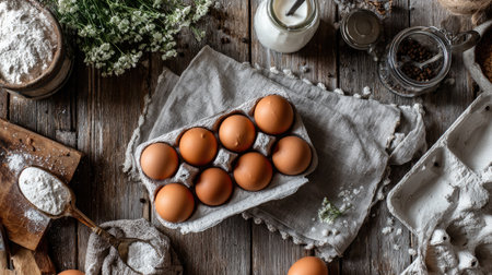This overhead view photograph features fresh brown eggs on a rustic wooden table, accompanied by flour and kitchen utensils, creating a cozy cooking atmosphere.の素材