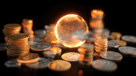 A captivating scene featuring a glowing digital globe surrounded by an array of gold and silver coins. This image represents global finance and wealth, perfect for business and economic themes.の素材
