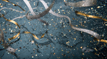 Immerse yourself in a vibrant celebration with this dynamic image featuring sparkling confetti, elegant ribbons, and shimmering glitter, perfect for festive projects.の素材