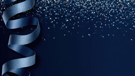 This image showcases a stunning blue ribbon intertwining with sparkling silver confetti, perfect for enhancing festive decorations and celebrations.の素材
