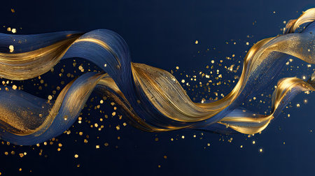 This captivating image features dynamic blue and gold waves intertwined with shimmering particles against a dark backdrop, creating an elegant and luxurious visual.の素材