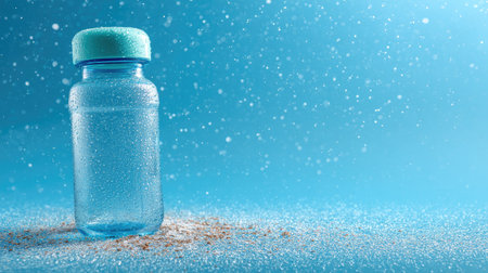 A captivating image of a clear glass bottle with a blue lid, set against a shimmering background filled with moisture droplets and a sprinkle of glitter.の素材