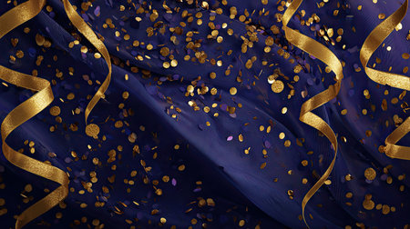This elegant blue and gold background features shimmering confetti and flowing ribbons, perfect for various celebration themes and joyful occasions.の素材