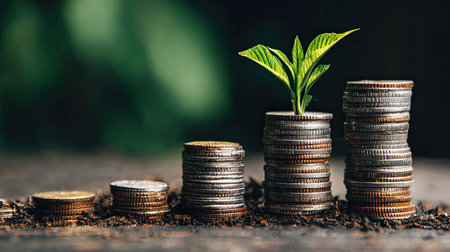 This image captures the essence of financial growth, showcasing coins stacked with a thriving green seedling, symbolizing investment, prosperity, and sustainable development.の素材