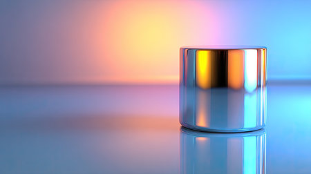 This image features a polished metallic cylinder reflecting soft gradient light on a smooth surface, creating an artistic and modern atmosphere ideal for creative projects.の素材