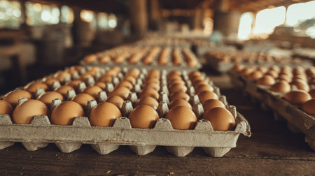A scenic view of fresh brown eggs neatly arranged in trays within a rustic farm market. The warm natural light illuminates the agricultural setting, showcasing wholesome produce perfect for culinary use.の素材
