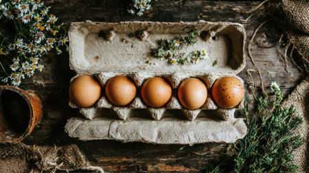 A captivating arrangement of fresh brown eggs in a carton, placed on a rustic wooden table adorned with delicate floral elements and herbs.の素材