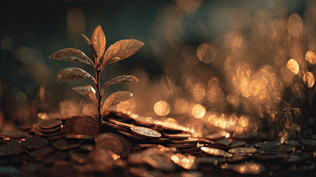 A small green plant emerges from a pile of coins, symbolizing growth and prosperity. The scene is illuminated with a warm, glowing light, creating a magical ambiance.の素材