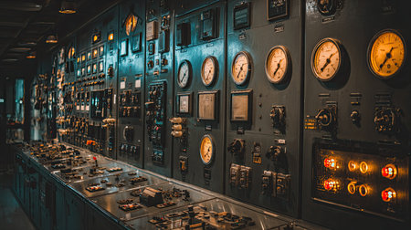 A captivating view of a vintage control room featuring an array of analog instruments and gauges. The dim lighting enhances the industrial atmosphere, showcasing the retro aesthetic of aged machinery and intricate panel designs. Perfect image for themes of technology and historical equipment.の素材