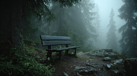 A tranquil forest scene featuring a lonely wooden bench shrouded in mist, surrounded by towering trees. This atmospheric setting invites reflection and peace.の素材