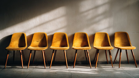 A row of modern yellow chairs stands against a minimalist wall, illuminated by soft natural light creating delicate shadow patterns. Ideal for interior design projects.の素材