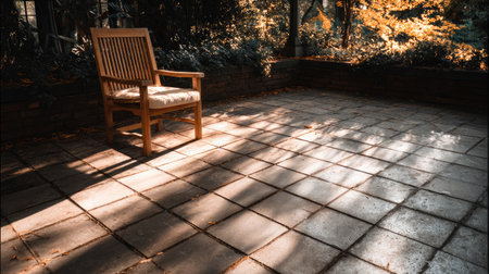 This image features a wooden chair on a sunlit patio, surrounded by warm autumn hues and gentle shadows, creating a serene atmosphere for relaxation.の素材