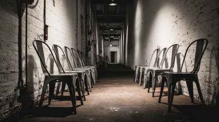 This image captures an empty corridor lined with metal chairs under soft lighting, showcasing an industrial aesthetic. The scene evokes feelings of solitude and stillness, with rich textures and contrasts that highlight the architectural features of the space.の素材