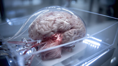 An intricate visual of a transparent brain model showcasing neural connections and structures, ideal for medical research, education, and science presentations.の素材