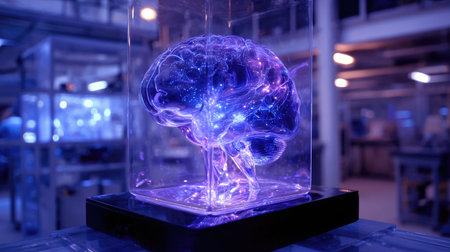 Unique representation of a digital brain model with luminous particles inside a glass container located in a modern lab. Ideal for concepts of innovation and intelligence.の素材