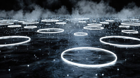 This captivating image features a serene nighttime landscape adorned with glowing circles on a reflective water surface, surrounded by a mysterious mist.の素材